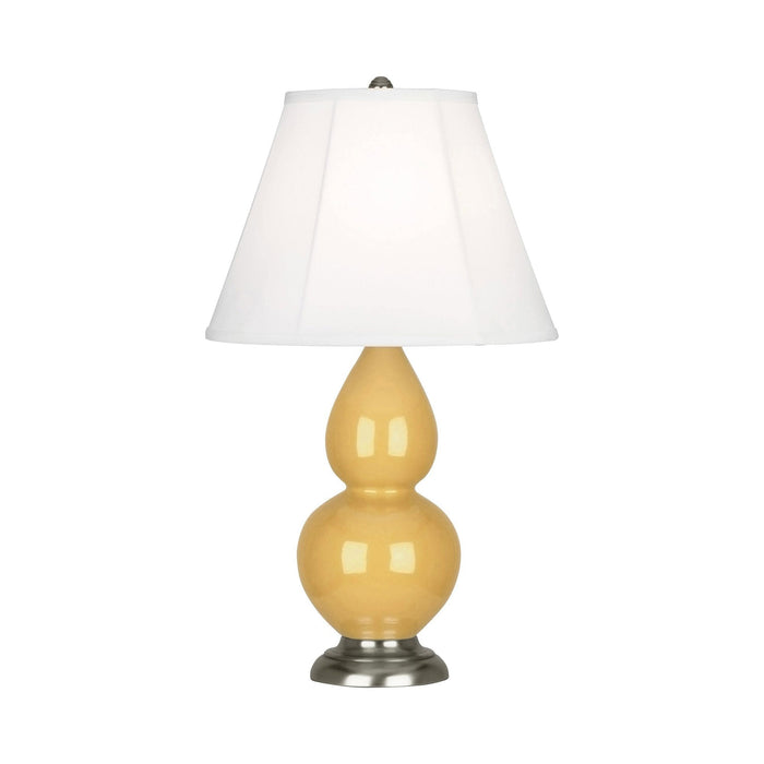 Double Gourd Small Accent Table Lamp in Sunset Yellow/Silk Stretch/Antique Silver.