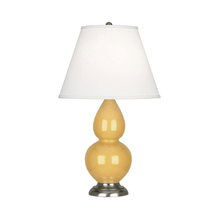 Double Gourd Small Accent Table Lamp with Antique Silver Base in Sunset Yellow/Fabric Hardback.