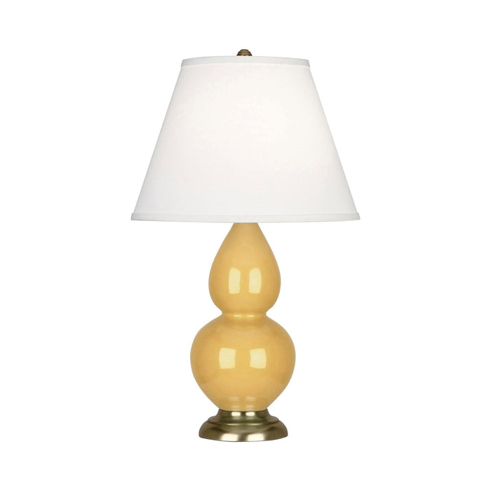 Double Gourd Small Accent Table Lamp in Sunset Yellow/Fabric Hardback/Brass.