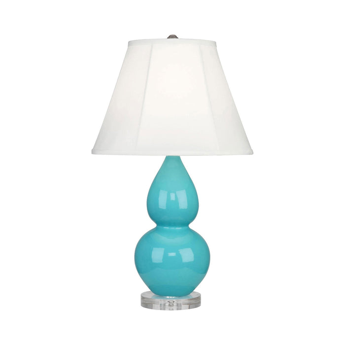 Double Gourd Small Accent Table Lamp with Lucite Base in Egg Blue/Silk Stretch.