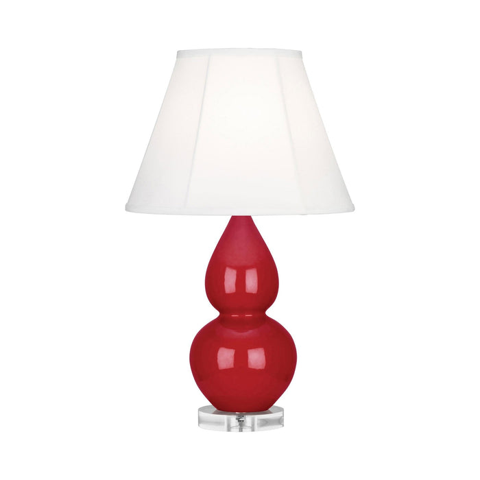 Double Gourd Small Accent Table Lamp with Lucite Base in Ruby Red/Silk Stretch.