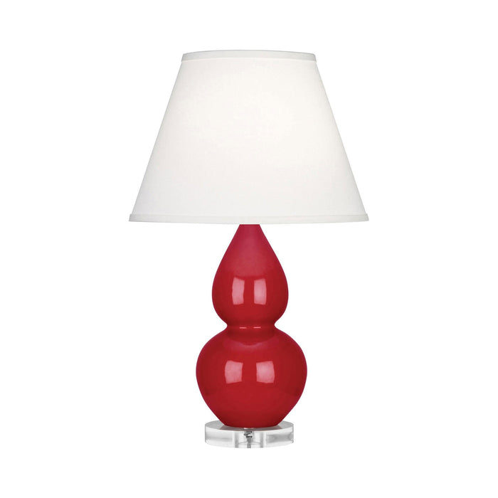 Double Gourd Small Accent Table Lamp with Lucite Base in Ruby Red/Fabric Hardback.