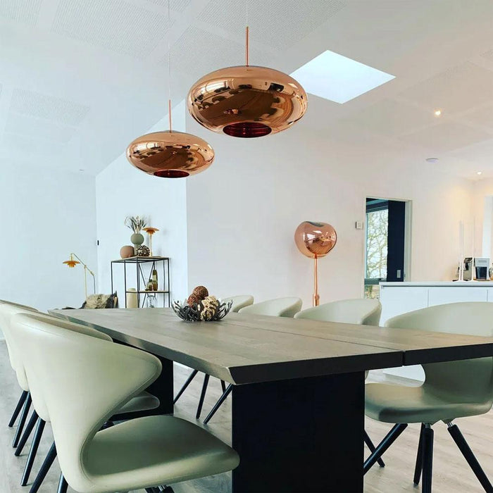 Copper Wide Pendant Light in dining room.