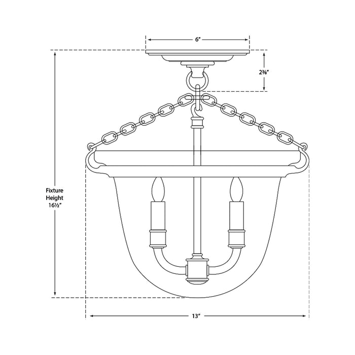 Country Bell Jar Semi Flush Mount Ceiling Light - line drawing.