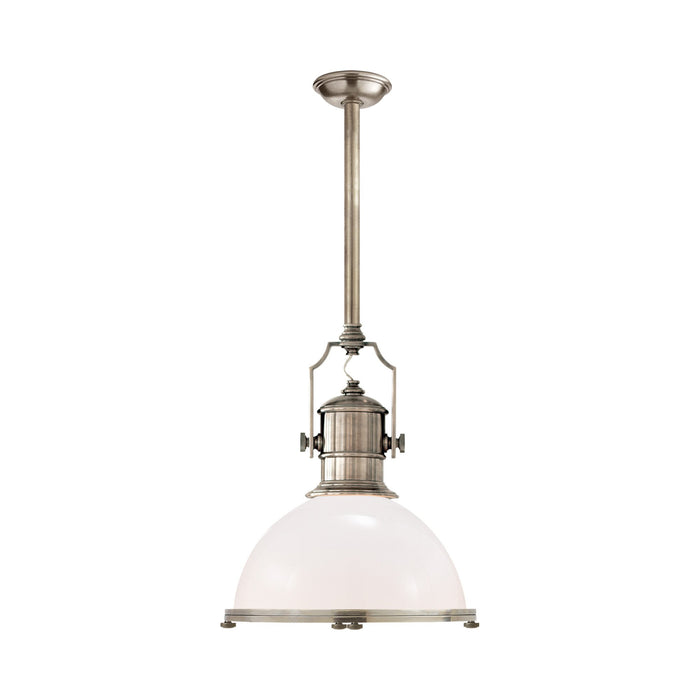 Country Industrial Pendant Light in Antique Nickel/White Glass (Large).