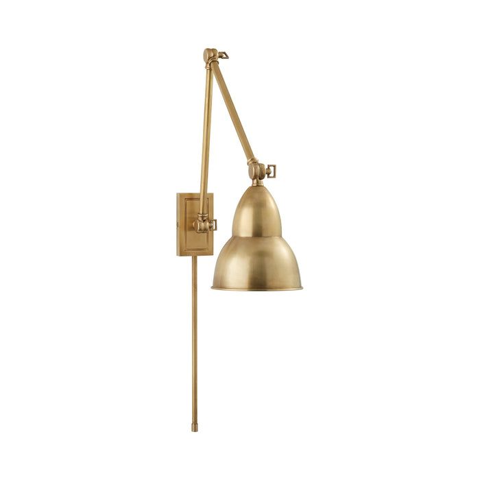 French Library Double Arm LED Wall Light in Hand-Rubbed Antique Brass.