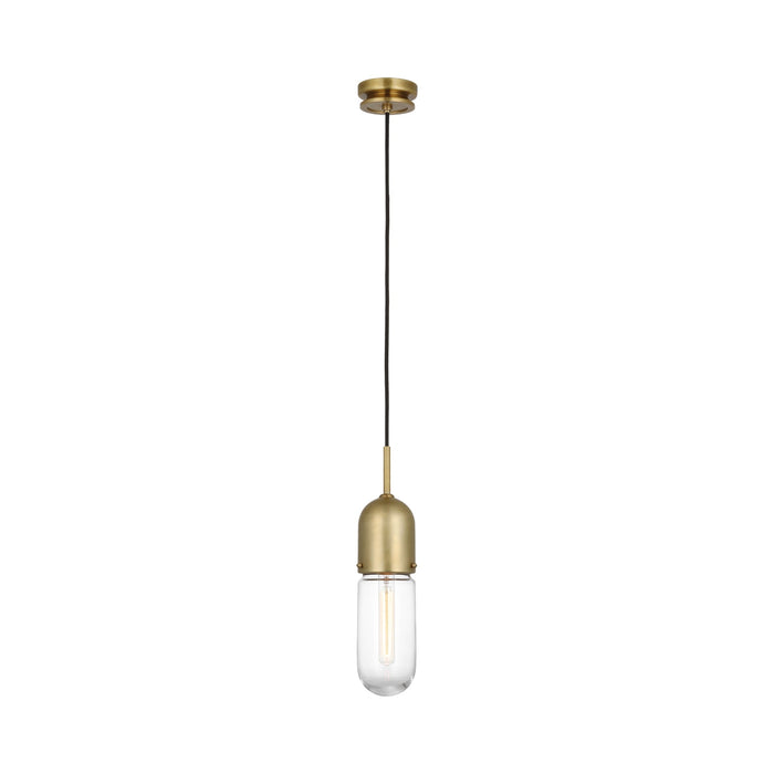 Junio LED Mini Pendant Light in Hand-Rubbed Antique Brass/Clear Glass.
