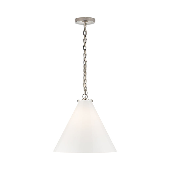 Katie Conical Pendant Light in Polished Nickel/White Glass.