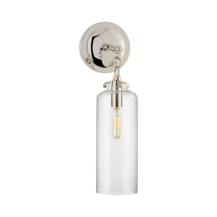Katie Cylinder Wall Light in Polished Nickel/Clear Glass.