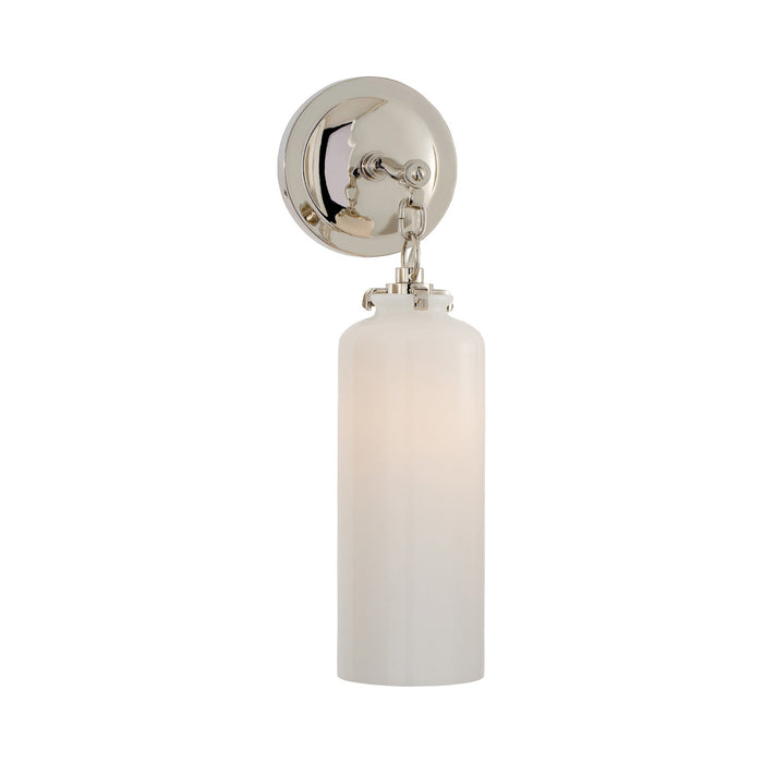Katie Cylinder Wall Light in Polished Nickel/White Glass.
