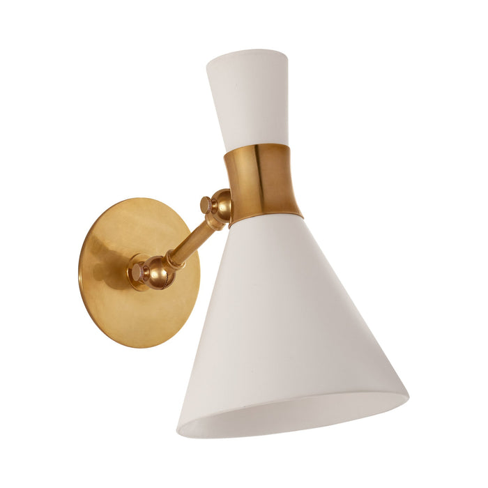 Liam Small Articulating Wall Light in Hand-Rubbed Antique Brass/Matte White.