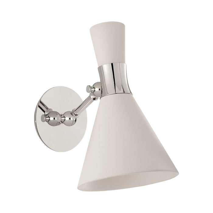 Liam Small Articulating Wall Light in Polished Nickel/Matte White.