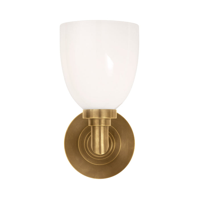 Wilton Bath Wall Light in Hand-Rubbed Antique Brass.