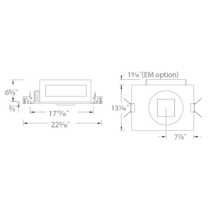 Volta 4.5 Inch Square Trimless New Construction Recessed Housing - line drawing.